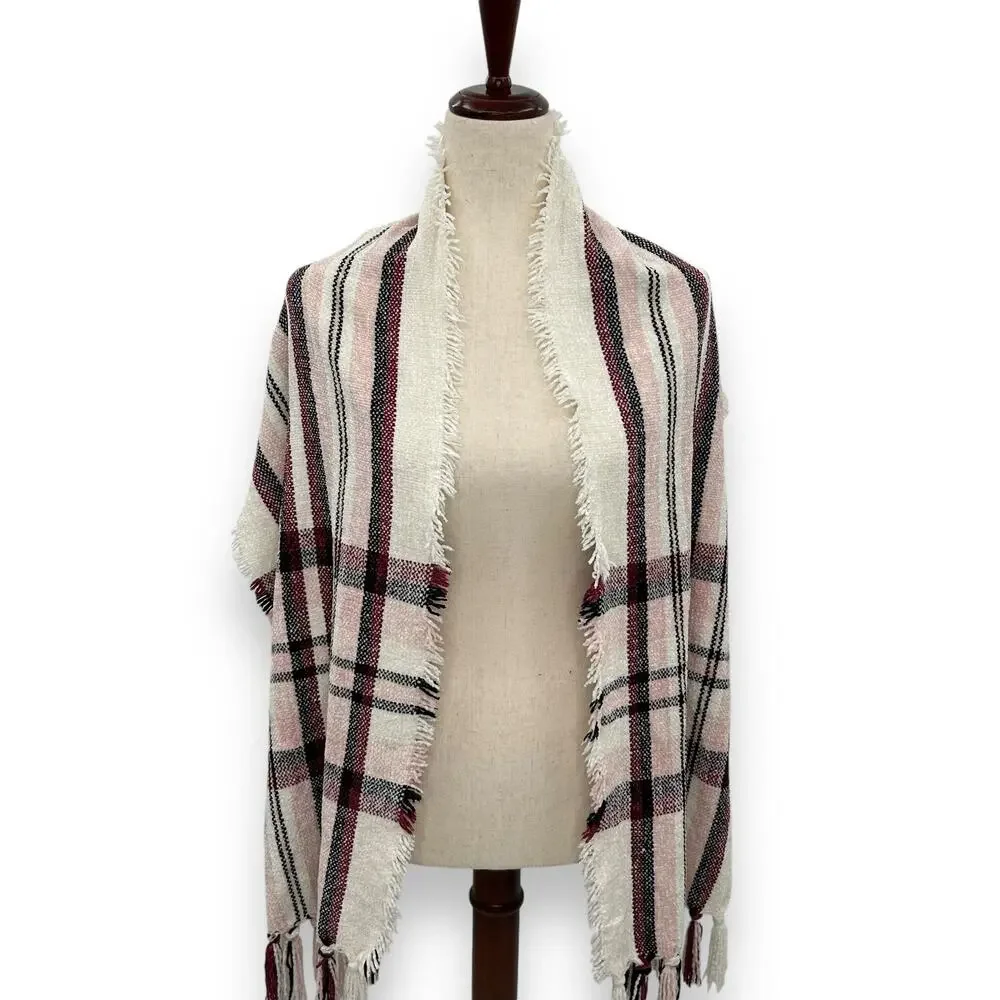 NEW Style & Co Chenille Plaid Fringe Trim Scarf Macys Pink White Tartan coquette - Picture 7 of 8
